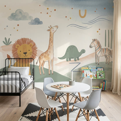 Safari Animals Wallpaper Nursery Wallpaper Watercolor Wall Mural