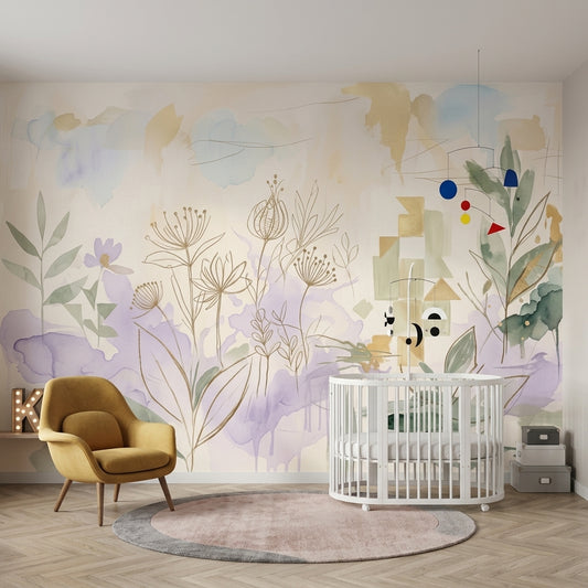Muted Green Wallpaper Watercolor Wildflower Wall Mural