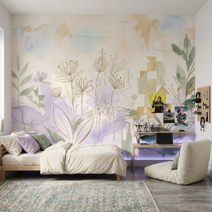 Muted Green Wallpaper Watercolor Wildflower Wall Mural