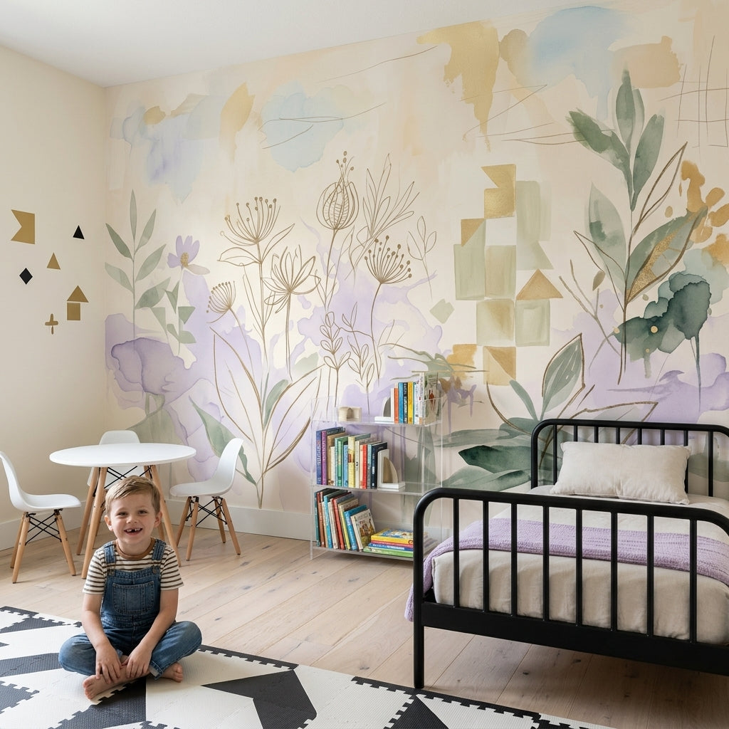 Muted Green Wallpaper Watercolor Wildflower Wall Mural