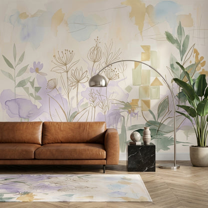 Muted Green Wallpaper Watercolor Wildflower Wall Mural