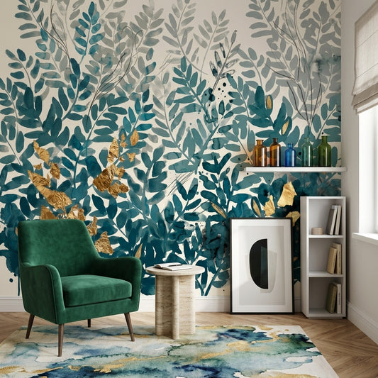 Botanical Leaves Wallpaper Watercolor Teal Blue Foliage Wall Mural