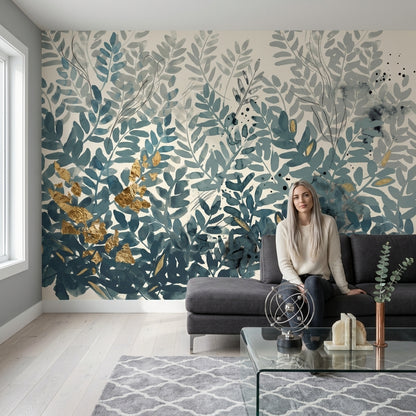 Botanical Leaves Wallpaper Watercolor Teal Blue Foliage Wall Mural