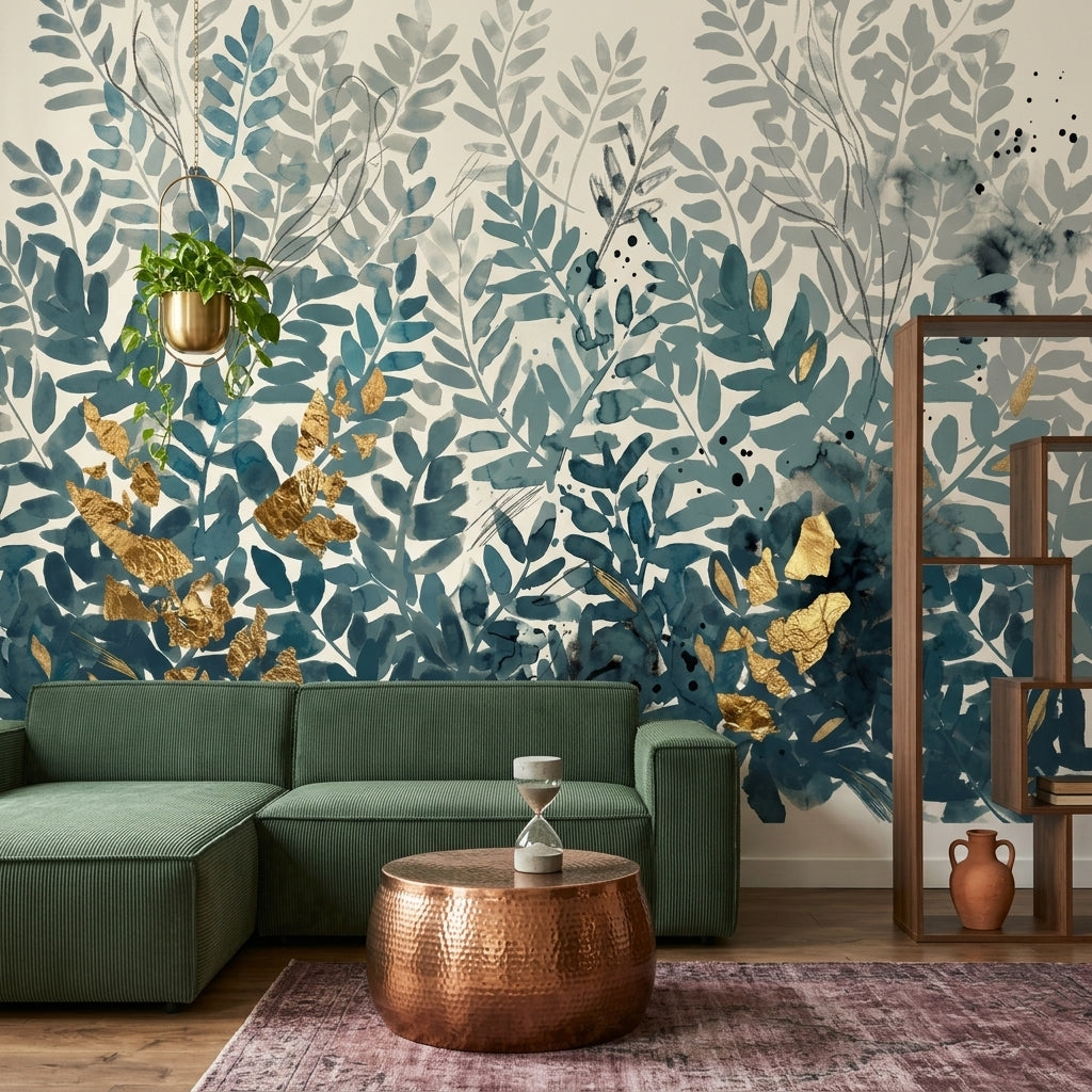 Botanical Leaves Wallpaper Watercolor Teal Blue Foliage Wall Mural