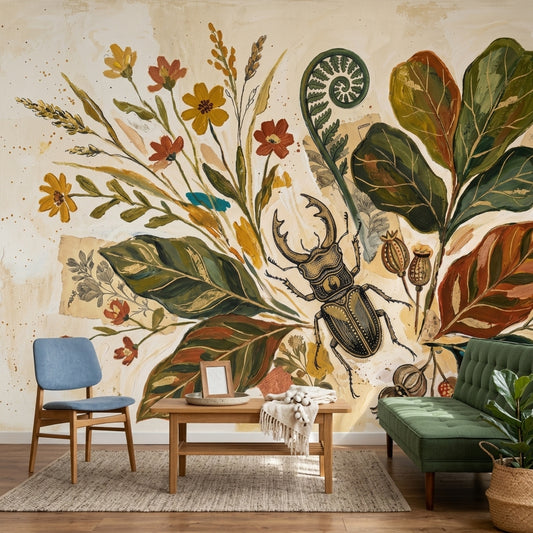 Botanical Collage Wallpaper Stag Beetle Removable Wildflowers Wall Decor