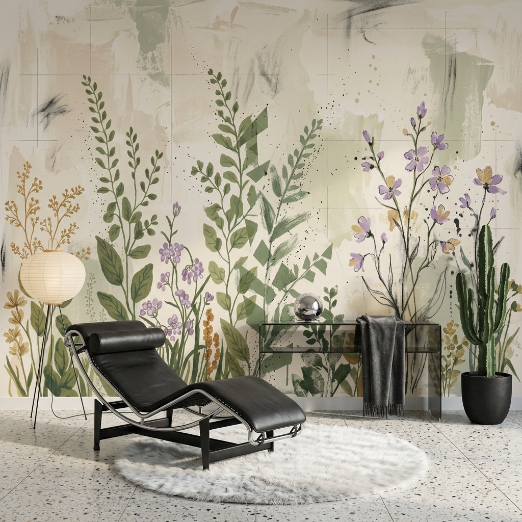 Muted Green Wallpaper Wildflower Watercolor Removable Wall Decor