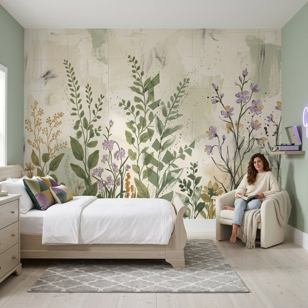 Muted Green Wallpaper Wildflower Watercolor Removable Wall Decor