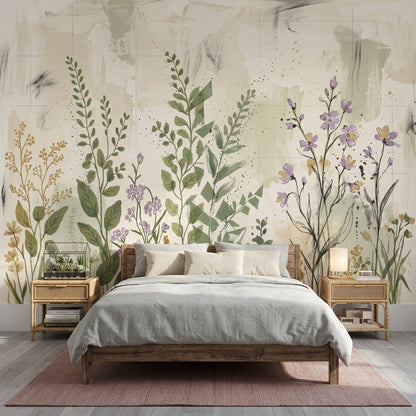 Muted Green Wallpaper Wildflower Watercolor Removable Wall Decor