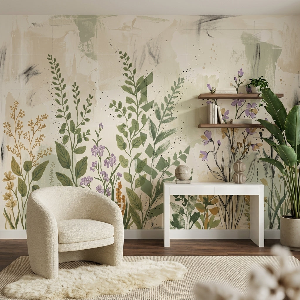 Muted Green Wallpaper Wildflower Watercolor Removable Wall Decor