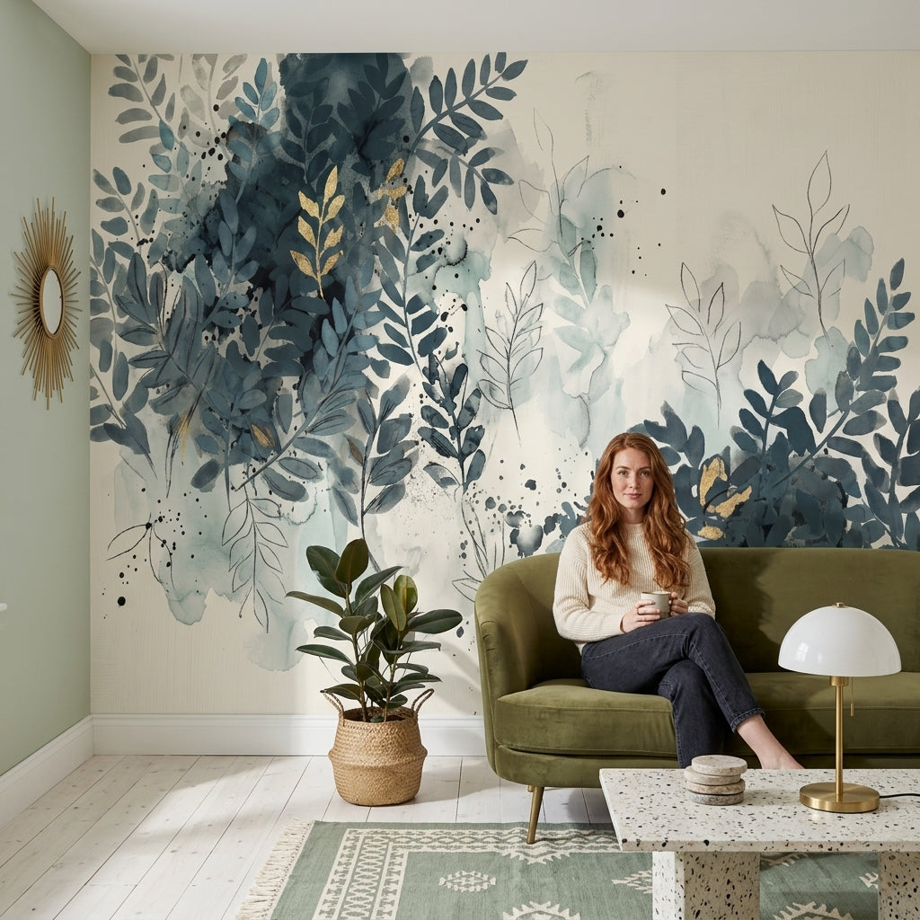 Botanical Wallpaper Watercolor Leaves Navy Blue Foliage Wall Mural