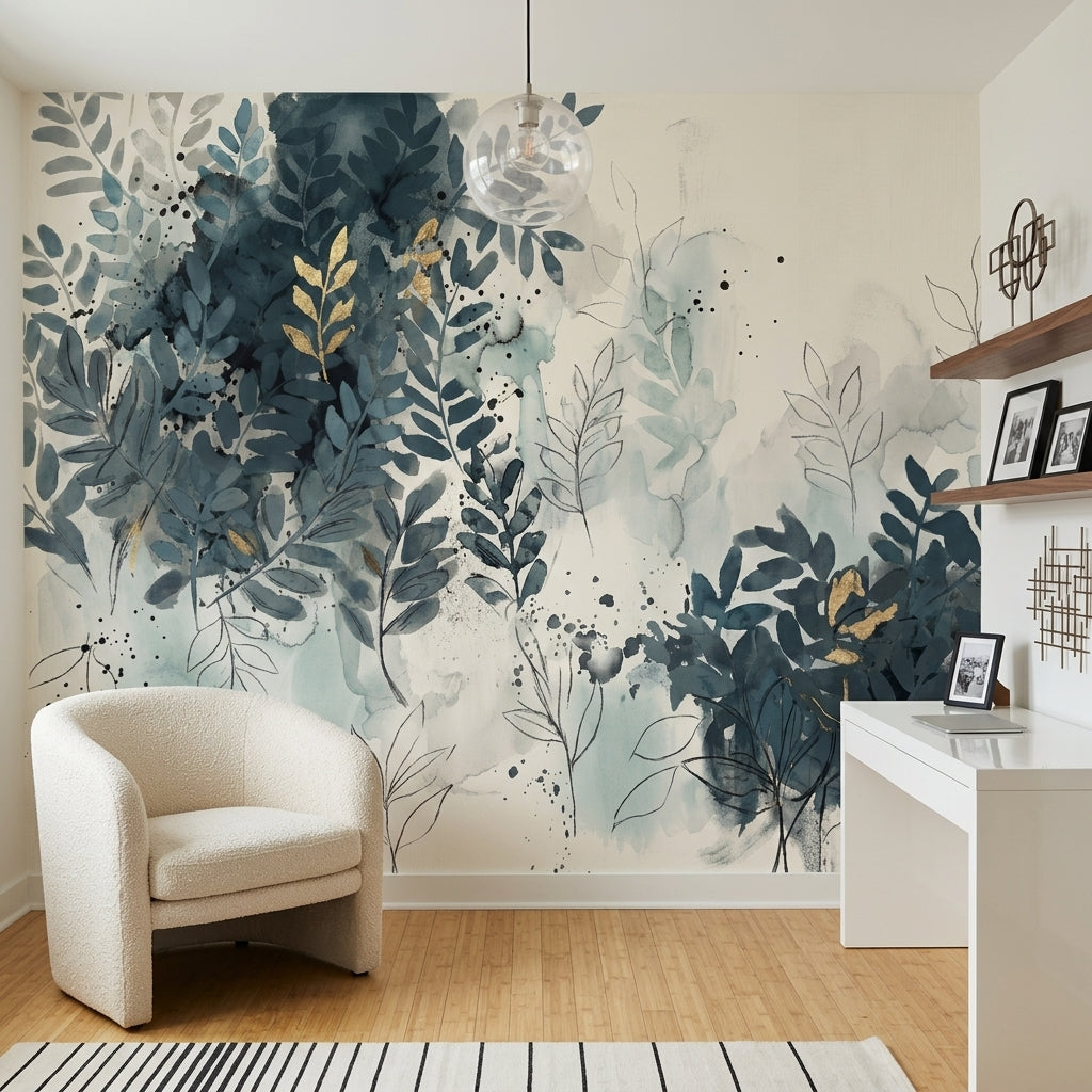 Botanical Wallpaper Watercolor Leaves Navy Blue Foliage Wall Mural