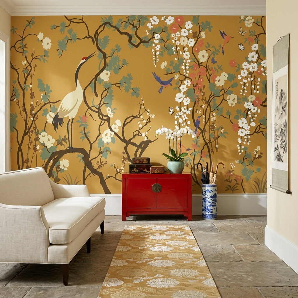 Chinoiserie Wallpaper Gold Background Crane Bird Wall Mural