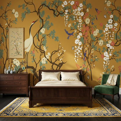 Chinoiserie Wallpaper Gold Background Crane Bird Wall Mural