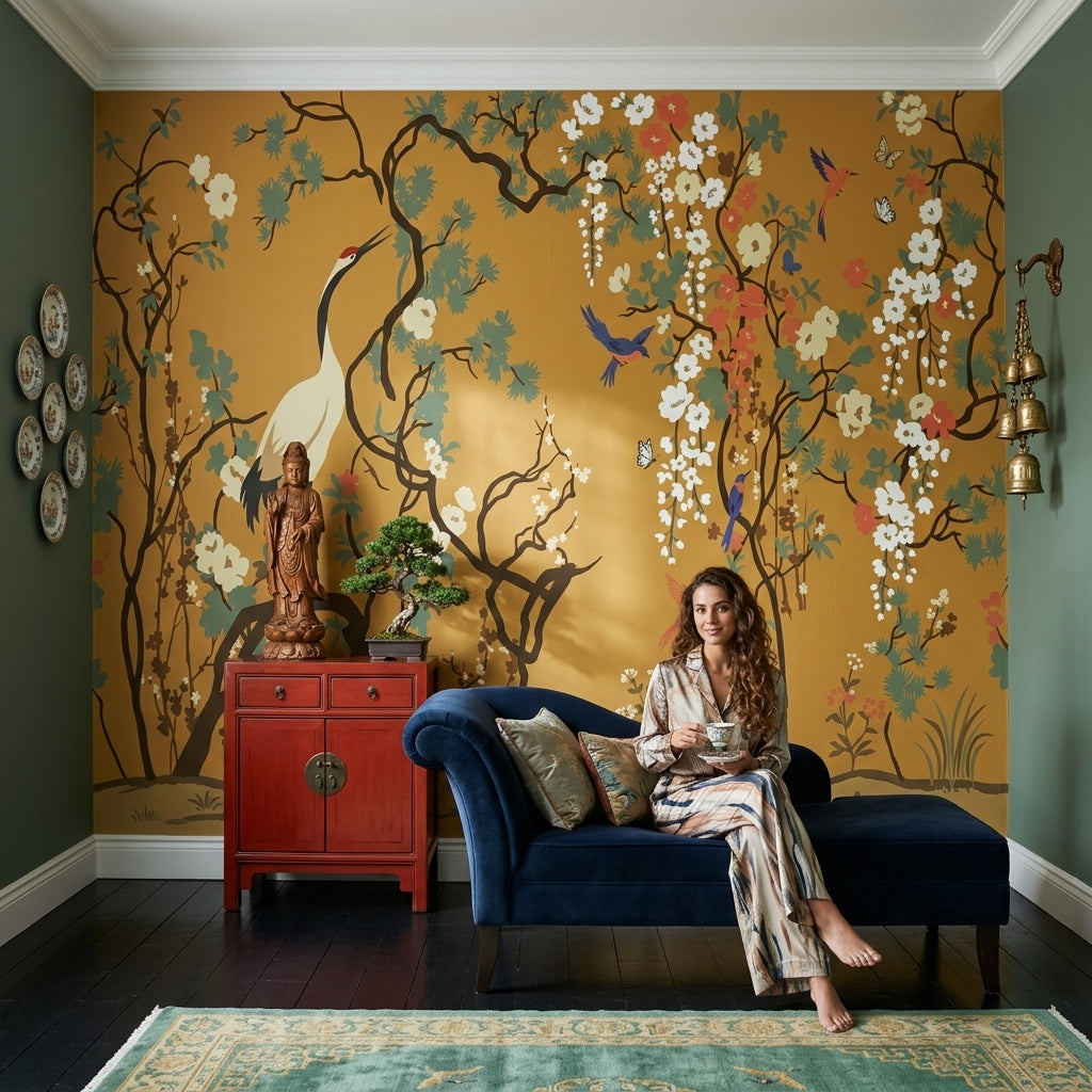 Chinoiserie Wallpaper Gold Background Crane Bird Wall Mural