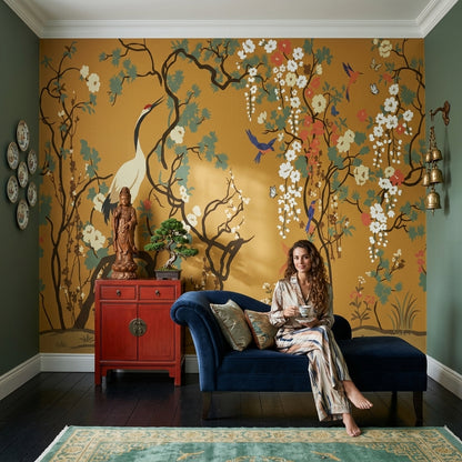 Chinoiserie Wallpaper Gold Background Crane Bird Wall Mural