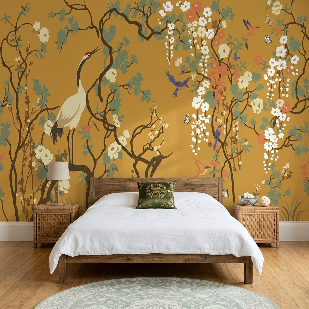 Chinoiserie Wallpaper Gold Background Crane Bird Wall Mural