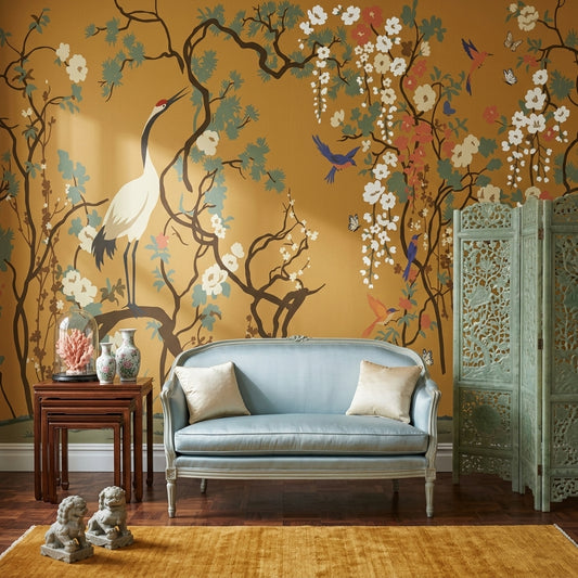 Chinoiserie Wallpaper Gold Background Crane Bird Wall Mural