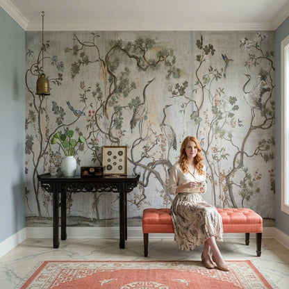 Paper Texture Wallpaper Botanical Removable Chinoiserie Wall Decor