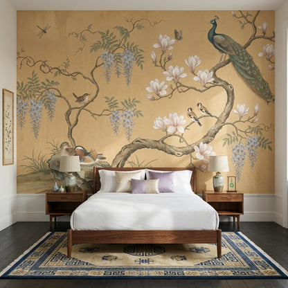 Chinoiserie Inspired Wallpaper Magnolia Blossoms Beige Parchment Background Removable Wall Decor