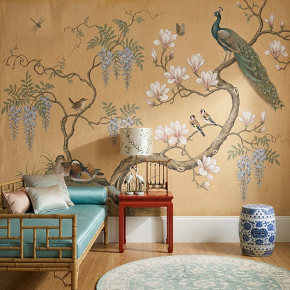 Chinoiserie Inspired Wallpaper Magnolia Blossoms Beige Parchment Background Removable Wall Decor