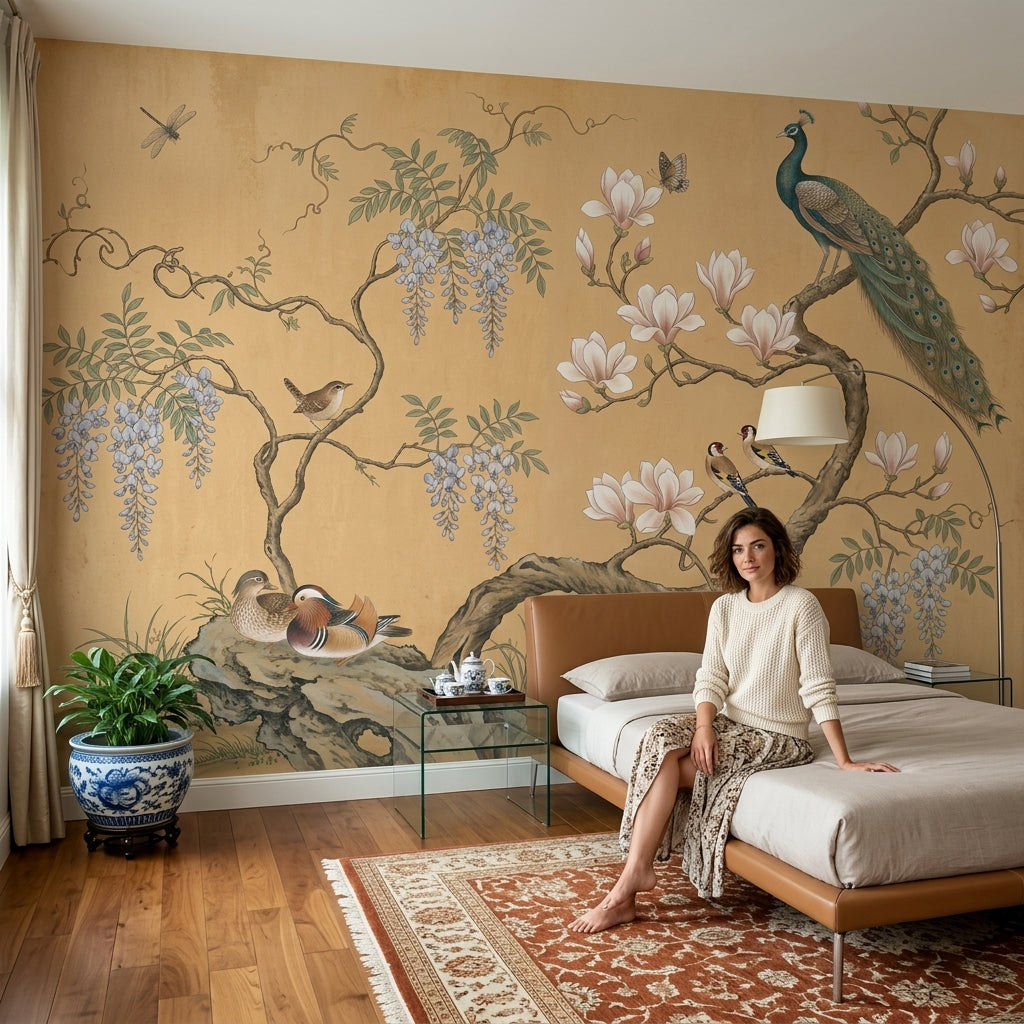 Chinoiserie Inspired Wallpaper Magnolia Blossoms Beige Parchment Background Removable Wall Decor