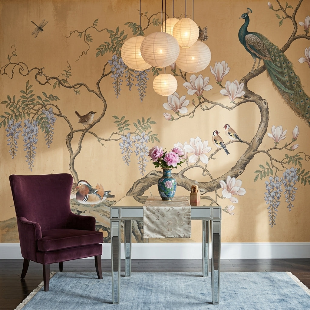 Chinoiserie Inspired Wallpaper Magnolia Blossoms Beige Parchment Background Removable Wall Decor