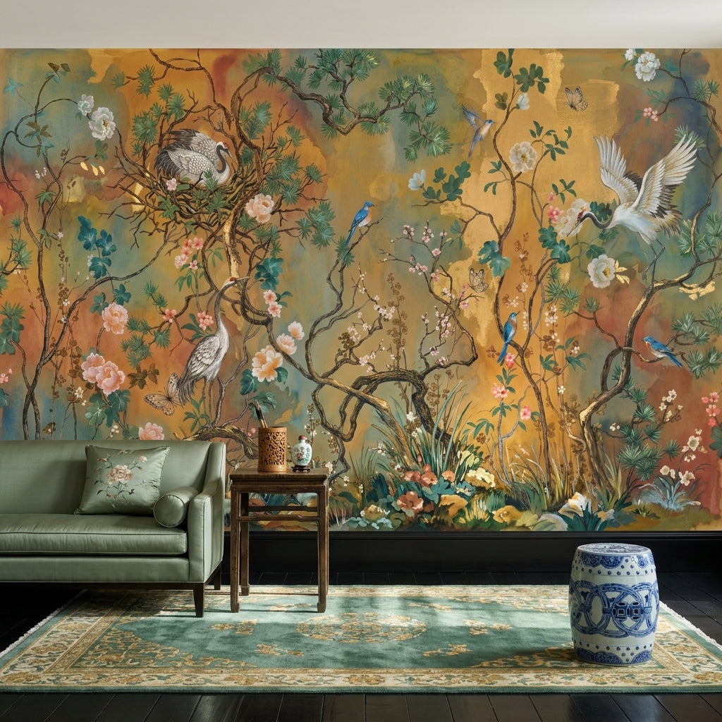 Chinoiserie Wallpaper Floral Branches Cranes Wall Mural