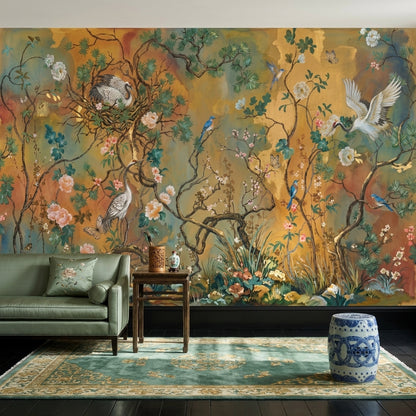 Chinoiserie Wallpaper Floral Branches Cranes Wall Mural