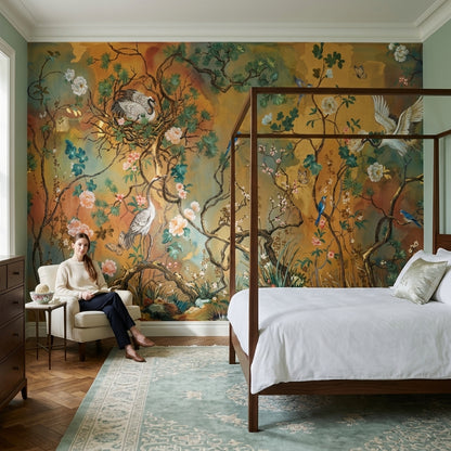 Chinoiserie Wallpaper Floral Branches Cranes Wall Mural