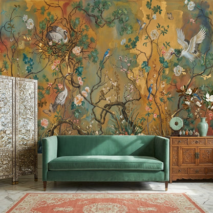 Chinoiserie Wallpaper Floral Branches Cranes Wall Mural