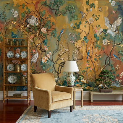 Chinoiserie Wallpaper Floral Branches Cranes Wall Mural