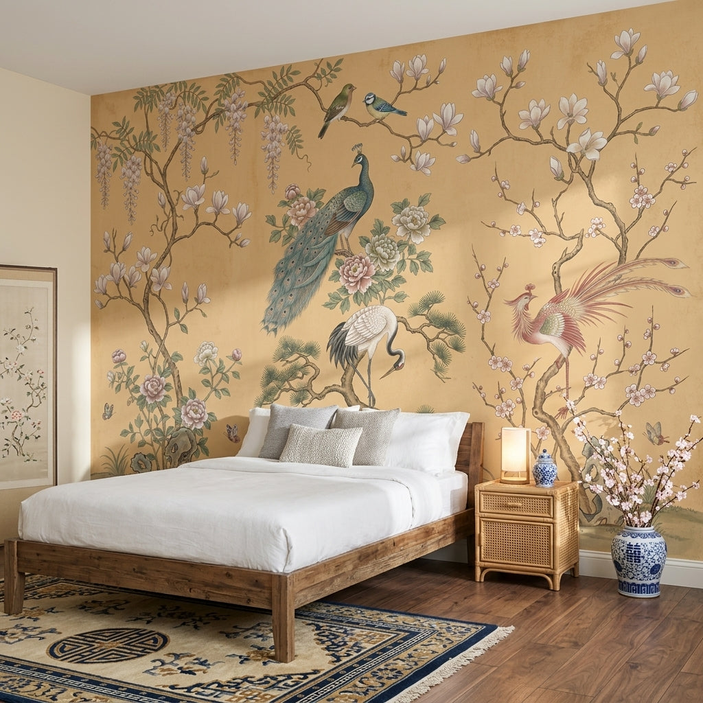 Oriental Chinoiserie Wallpaper Floral Branches Removable Peacock Wall Decor
