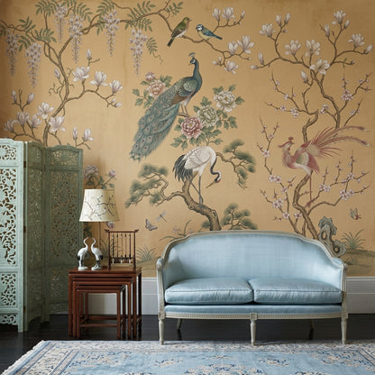 Oriental Chinoiserie Wallpaper Floral Branches Removable Peacock Wall Decor