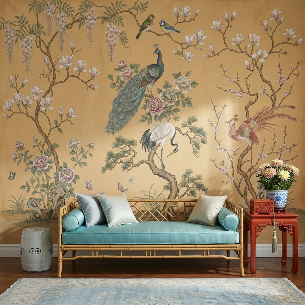 Oriental Chinoiserie Wallpaper Floral Branches Removable Peacock Wall Decor