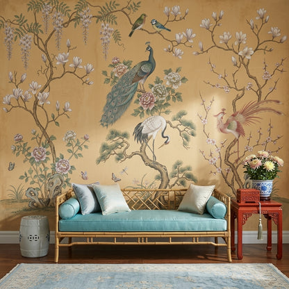 Oriental Chinoiserie Wallpaper Floral Branches Removable Peacock Wall Decor