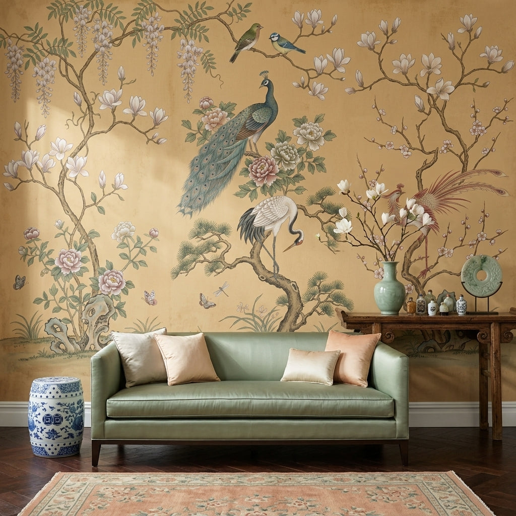 Oriental Chinoiserie Wallpaper Floral Branches Removable Peacock Wall Decor