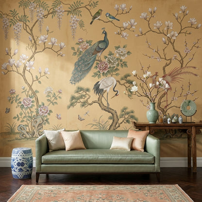 Oriental Chinoiserie Wallpaper Floral Branches Removable Peacock Wall Decor