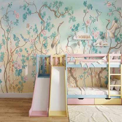 Oriental Chinoiserie Wallpaper Floral Branches Cranes Removable Wall Decor