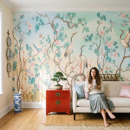 Oriental Chinoiserie Wallpaper Floral Branches Cranes Removable Wall Decor