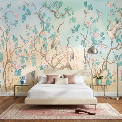 Oriental Chinoiserie Wallpaper Floral Branches Cranes Removable Wall Decor