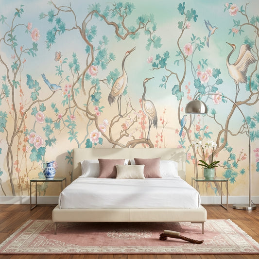 Oriental Chinoiserie Wallpaper Floral Branches Cranes Removable Wall Decor