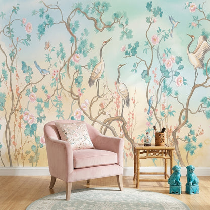 Oriental Chinoiserie Wallpaper Floral Branches Cranes Removable Wall Decor