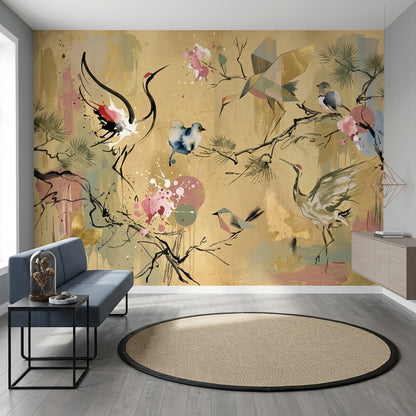Muted Green Wallpaper Oriental Bird Wall Mural
