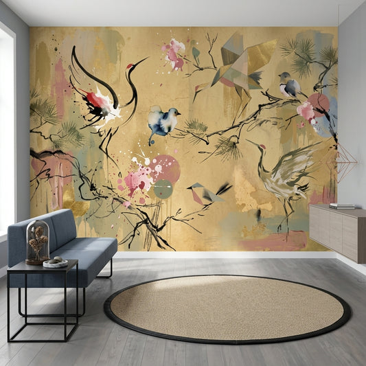 Muted Green Wallpaper Oriental Bird Wall Mural