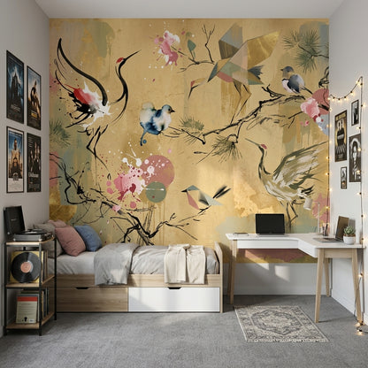 Muted Green Wallpaper Oriental Bird Wall Mural