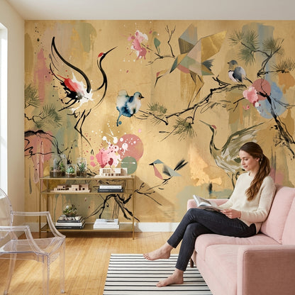 Muted Green Wallpaper Oriental Bird Wall Mural