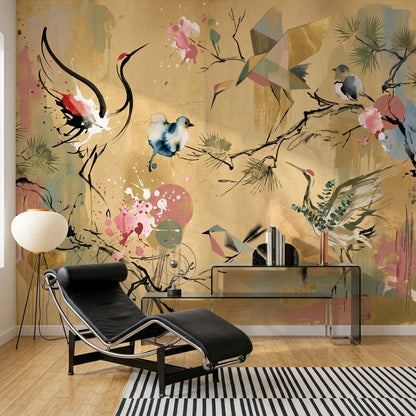 Muted Green Wallpaper Oriental Bird Wall Mural