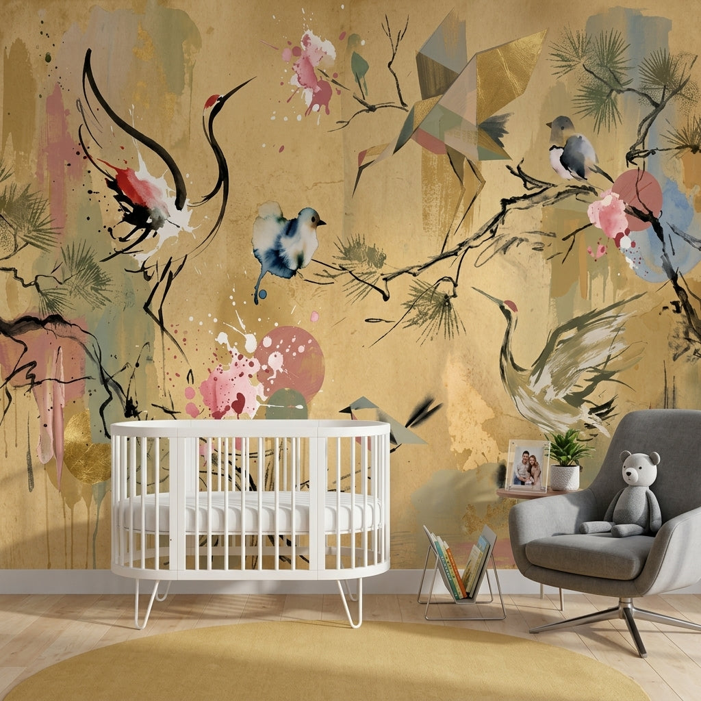 Muted Green Wallpaper Oriental Bird Wall Mural