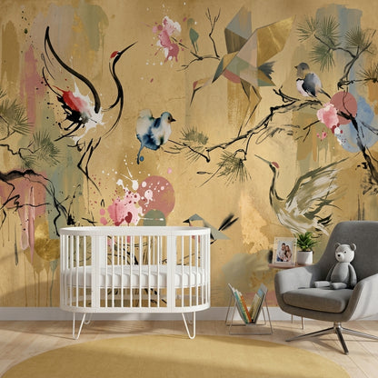 Muted Green Wallpaper Oriental Bird Wall Mural