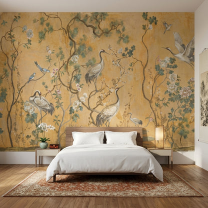 Oriental Chinoiserie Wallpaper Cranes Removable Peony Blossoms Wall Decor